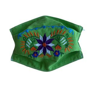 Embroidered Face Mask Mexico Hand Made Flowers Gre